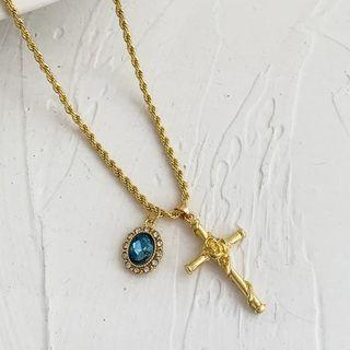 Rhinestone Alloy Cross Pendant Necklace Gold - One Size