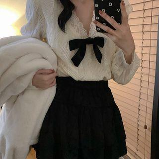 V-neck Ribbon Lace Blouse White - One Size