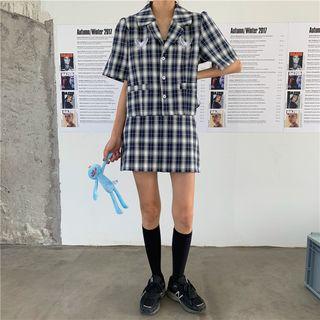 Butterfly Embroidered Plaid Loose-fit Short-sleeve Shirt / Skirt