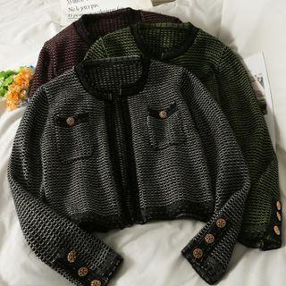 Checker Open-front Crew-neck Cardigan