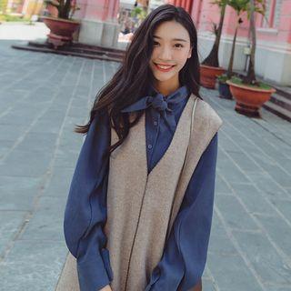 Set: Tie-neck Blouse + Sleeveless V-neck Dress
