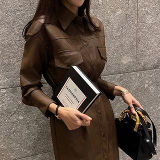 Faux-leather Midi Shirtdress With Belt
