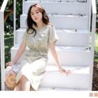 Short Sleeve V-neck Plaid A-line Shirtdress