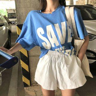 Lettering Short-sleeve T-shirt Light Blue - One Size