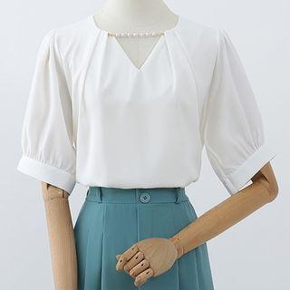 Short-sleeve Faux Pearl Trim Blouse