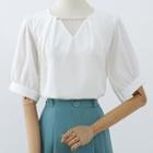 Short-sleeve Faux Pearl Trim Blouse