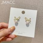 Bow Faux Pearl Dangle Earring 1 Pair - 925 Silver - Gold & White - One Size
