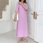 Slit-side Long Polo T-shirt Dress Purple - One Size