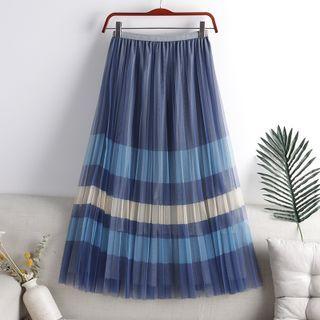 Striped Midi A-line Mesh Skirt