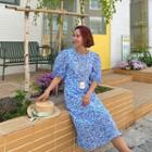 Puff-sleeve Floral Long Dress Blue - One Size