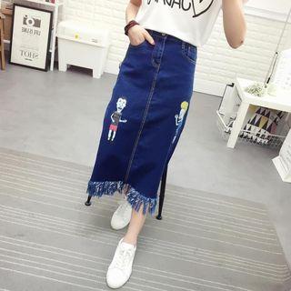 Cartoon Print Fringed Midi Denim Skirt