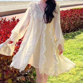 Set: Spaghetti Strap Dress + Ruffled Light Jacket