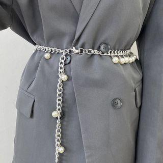 Faux Pearl Metal Chain Belt Silver - One Size