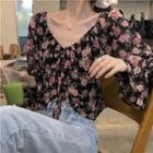 Long-sleeve V-neck Floral Chiffon Top Black - One Size