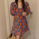 Lantern-sleeve Floral Loose Fit Dress