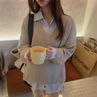 Set: Loose-fit Knit Top + Striped Shirt