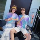 Couple Matching Elbow-sleeve Tie Dye T-shirt / Shorts / Midi Tiered Skirt
