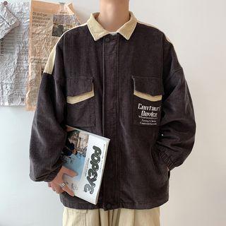 Letter Embroidered Two-tone Corduroy Button Jacket