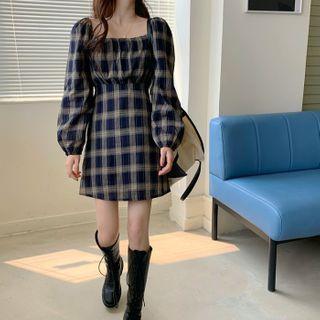 Puff-sleeve Square-neck Plaid Dress