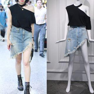 Portrait Print Pullover / One-shoulder Asymmetrical T-shirt / Ripped Asymmetrical Denim Skirt