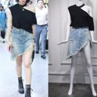 Portrait Print Pullover / One-shoulder Asymmetrical T-shirt / Ripped Asymmetrical Denim Skirt