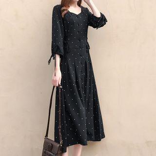 3/4-sleeve Midi Dotted A-line Dress