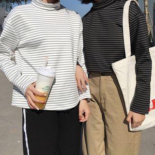 Mock-turtleneck Long-sleeved Loose-fit Striped Sheath T-shirt