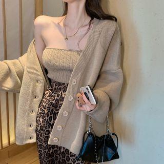 Cardigan / Knit Tube Top / Leopard Print Pants