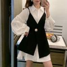 Puff-sleeve Mini Shirtdress / Spaghetti Strap Button-up Mini Dress