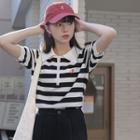 Short-sleeve Striped Half-zip Polo Shirt Striped - Black & White - One Size