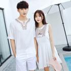 Patterned Split-neck Short-sleeve T-shirt / Sleeveless Dress