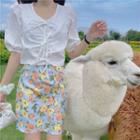 Ribbon Puff-sleeve Blouse / Floral Print Mini A-line Skirt