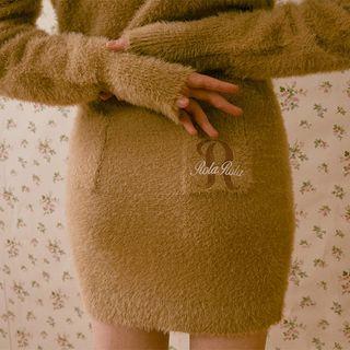 Letter-embroidered Button-up Fluffy Skirt Beige - One Size