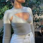 Set: Ribbed Long-sleeve Shrug Top + Plain Cropped Camisole Top