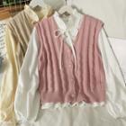 Set: Ribbon-neckline Ruffle-trim Shirt + Button-up Knit Vest In 7 Colors