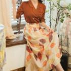 Set: Elbow-sleeve Shirt + Printed Midi A-line Skirt