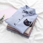 Cat Embroidered Striped Short Sleeve Shirt