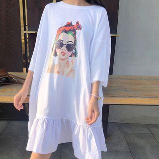 Elbow-sleeve Print Panel T-shirt Dress