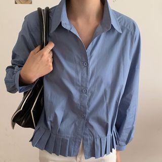 Pleated Hem Long-sleeve Blouse Grayish Blue - One Size