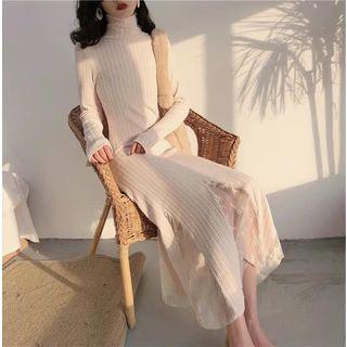 Turtleneck Lace Panel Midi Sweater Dress