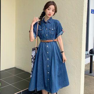 Set: Short-sleeve Denim Midi A-line Shirt Dress + Belt