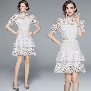 Puff-sleeve Perforated Layered Mini A-line Dress