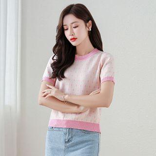 Patterned Short-sleeve Knit T-shirt Pink - One Size
