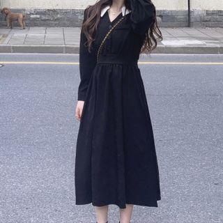 Contrast Collar Midi A-line Shirtdress Black - One Size