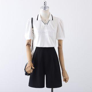 Set: Short-sleeve Collared Blouse + Shorts