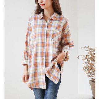 Round-hem Loose-fit Plaid Shirt