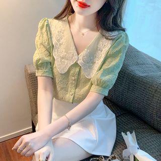 Puff Sleeve V-neck Lace Collar Embroidered Blouse