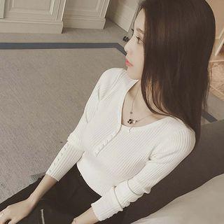 Plain 3/4-sleeve Buttoned Knit Top