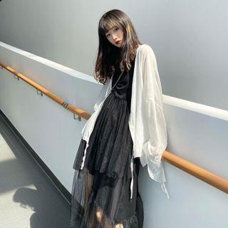 Spaghetti Strap Mesh Panel Midi A-line Dress / Tie-front Jacket