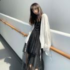 Spaghetti Strap Mesh Panel Midi A-line Dress / Tie-front Jacket
